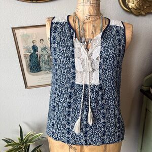 Moon & Sky Blue Cream Floral Lace Paisley Boho‎ Peasant Tassel Blouse Sz M